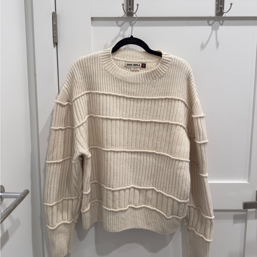 Zara Cream Ribbed Textured Crewneck Sweater